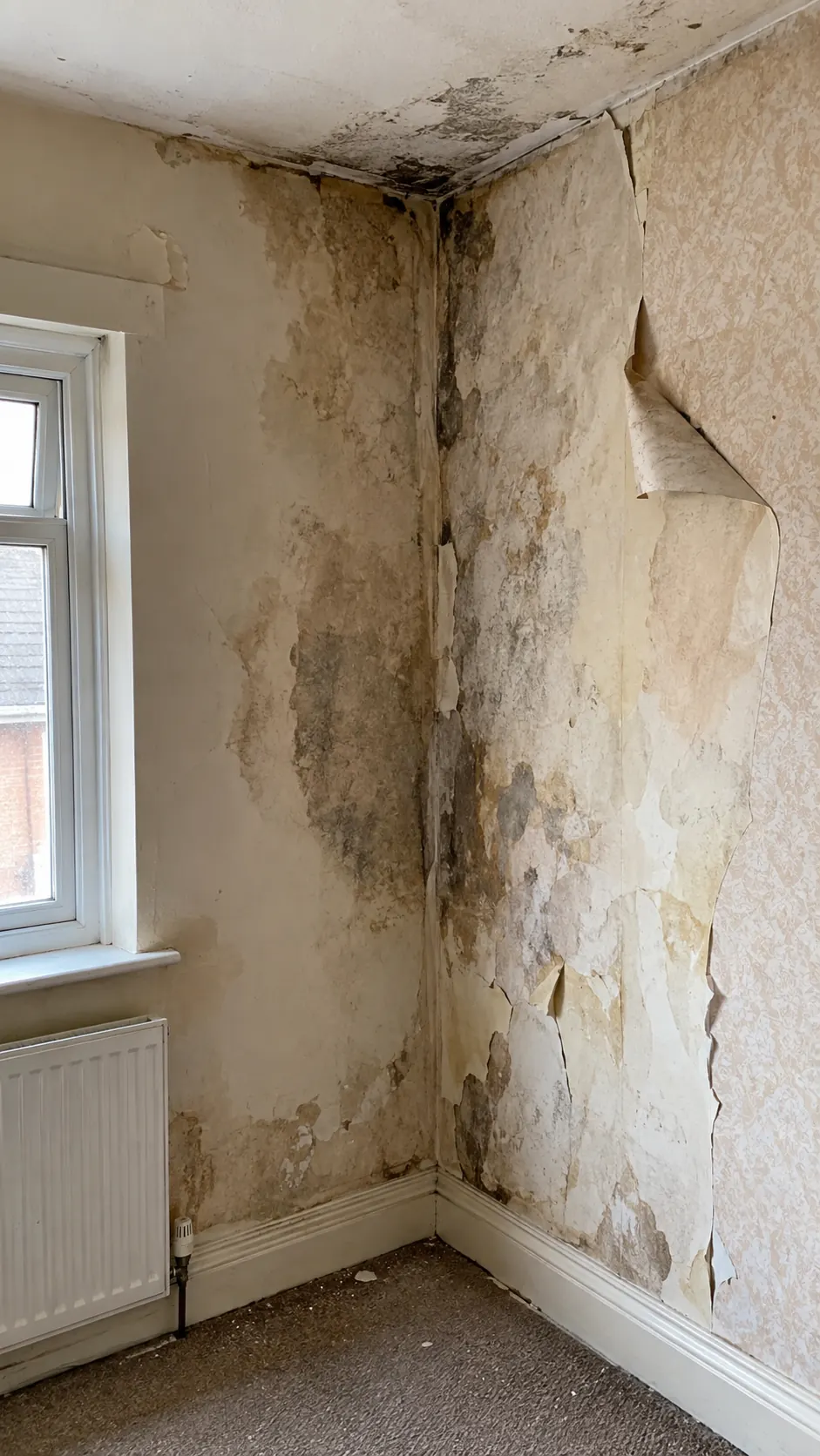 Water damaged wall and peeling plaster